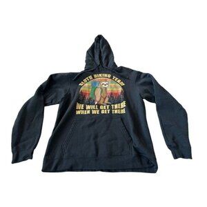 Port & Company Womens Hoodie Sweatshirt Black Size Large Sloth Hiking Team Print